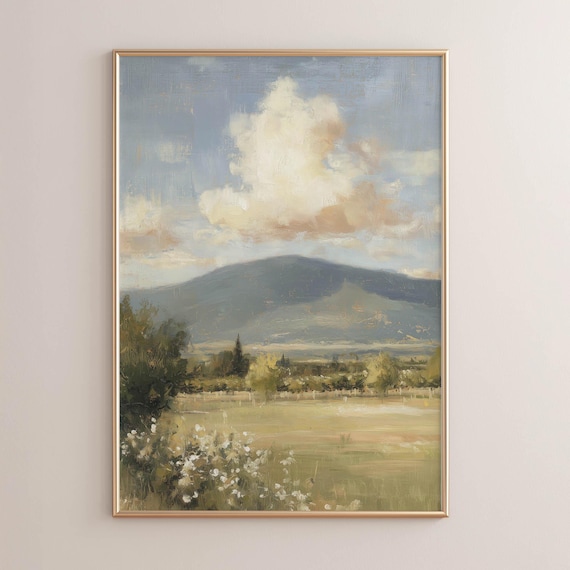 Serene Mountain Landscape Impressionist Meadow Clouds Neutral Wall Art
