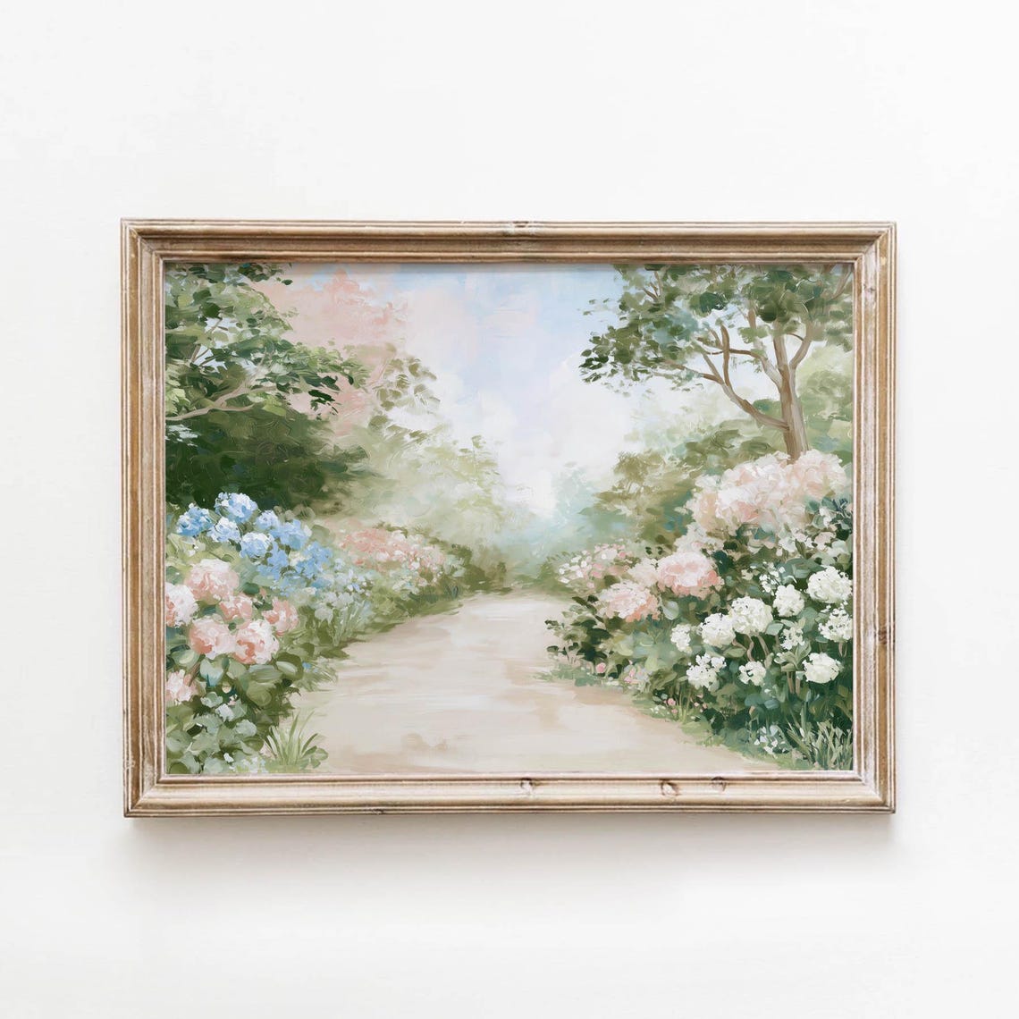 Muted Pink Blue Hydrangea Garden Path Dreamy Pastel Landscape Wall Art