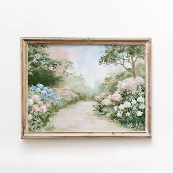 Muted Pink Blue Hydrangea Garden Path Dreamy Pastel Landscape Wall Art