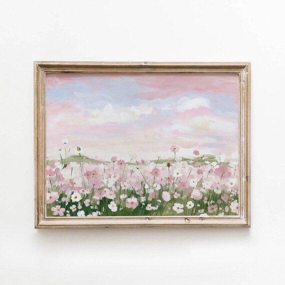Pink Wildflower Meadow Pastel Cosmos Soft Cottagecore Wall Art