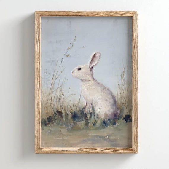 White Rabbit In Meadow, Vintage Spring Art Print