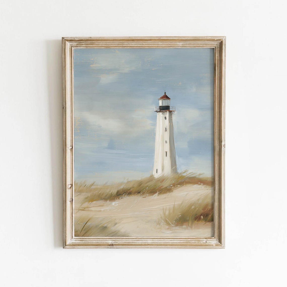 White Coastal Lighthouse Painting Vintage Beach Dune Wall Art