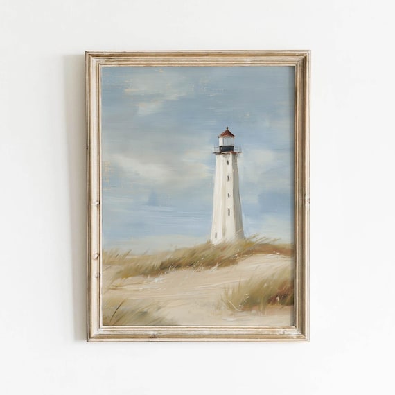 Coastal Lighthouse Painting Printable Vintage Beach Wall Art Neutral Seaside Decor Rustic Dune Landscape Cream Dusty Blue Download 463