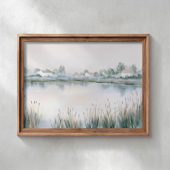 Misty Lakeside Cottages Morning Calm Watercolor Landscape Wall Art