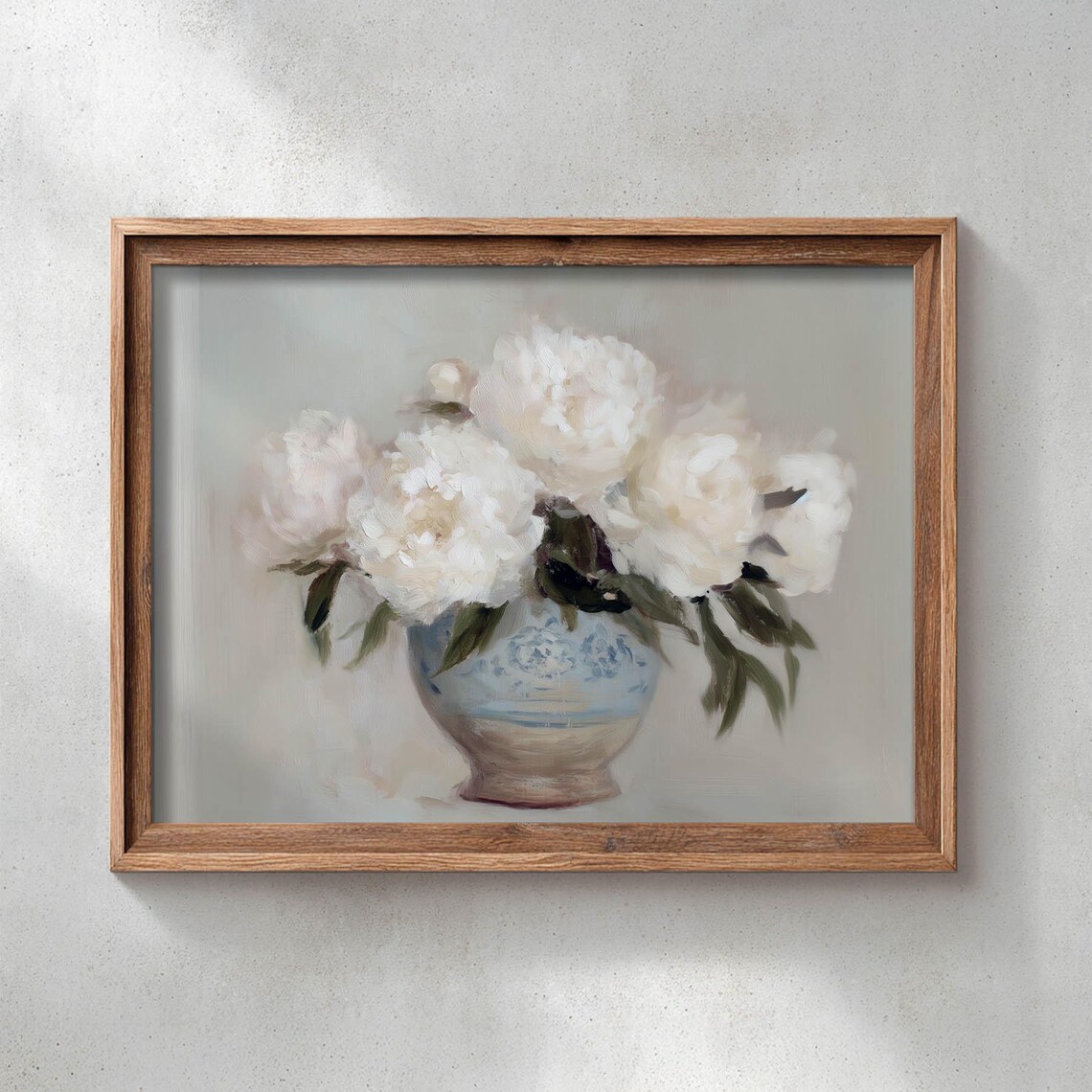 Printed White Peonies In Blue Porcelain Vase, Art Print
