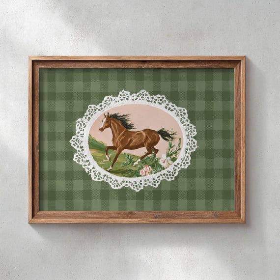 Vintage Brown Horse Art Print Cottagecore Rustic Farmhouse Galloping Pink Roses Gingham Poster Cozy Country Wall Decor P153