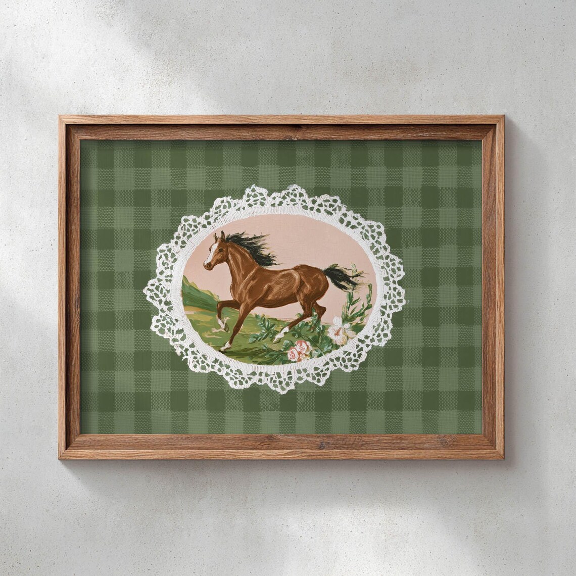 Galloping Horse In Lace Doily Frame Green Gingham Vintage Poster