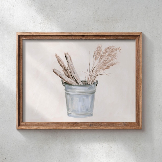 Printed Coastal Farmhouse Wall Art Driftwood Bucket Pampas Grass Neutral Rustic Decor Cottage Style Painting Home Poster 0725