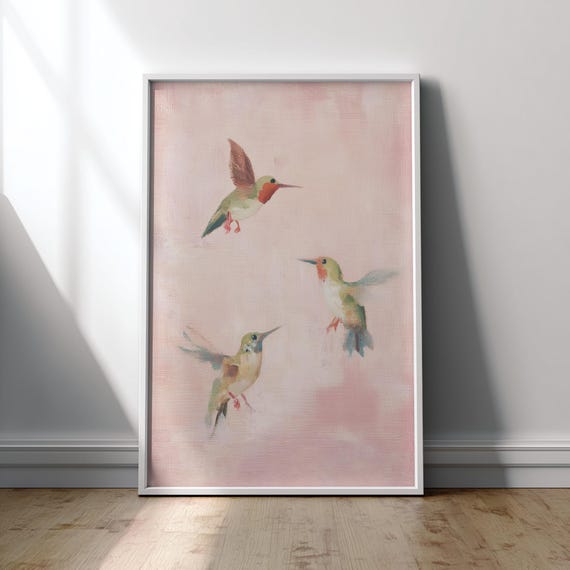 Pastel Hummingbird Poster Print, Cottagecore Decor