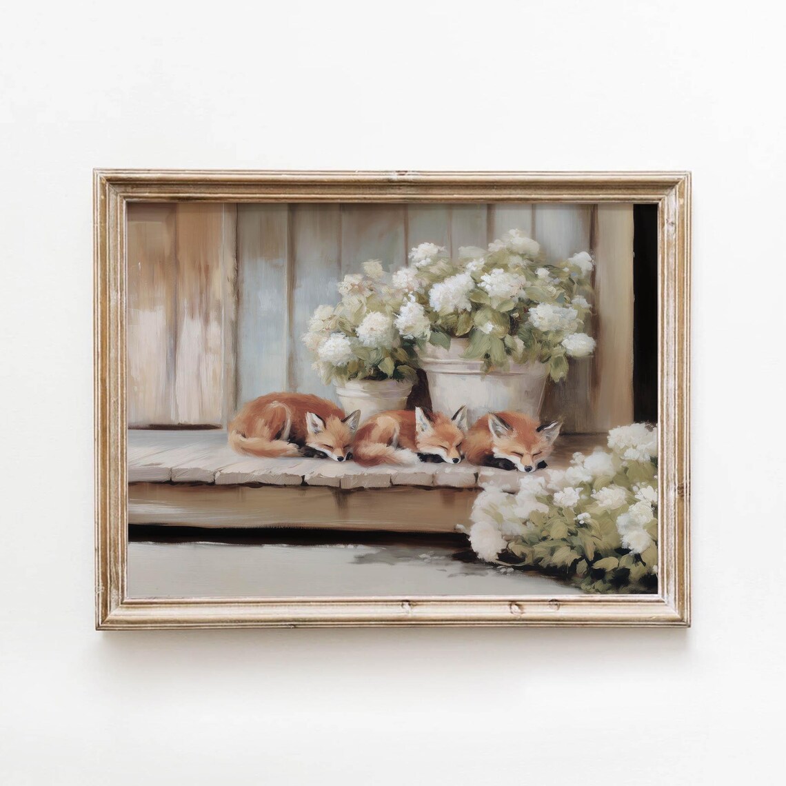 Muted Neutral Cozy Red Foxes Art Print, Cottagecore