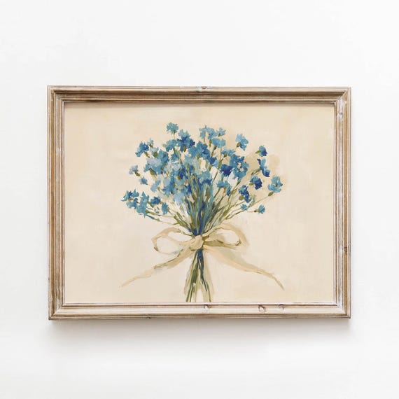 Blue Wildflowers Bouquet Printable Cream Wall Art Cottagecore Dcor Airy Minimalist Digital Botanical Download 0385
