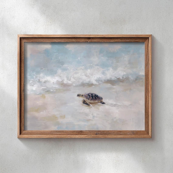 Baby Sea Turtle On Sandy Beach Soft Waves Gentle Coastal Painting Poster