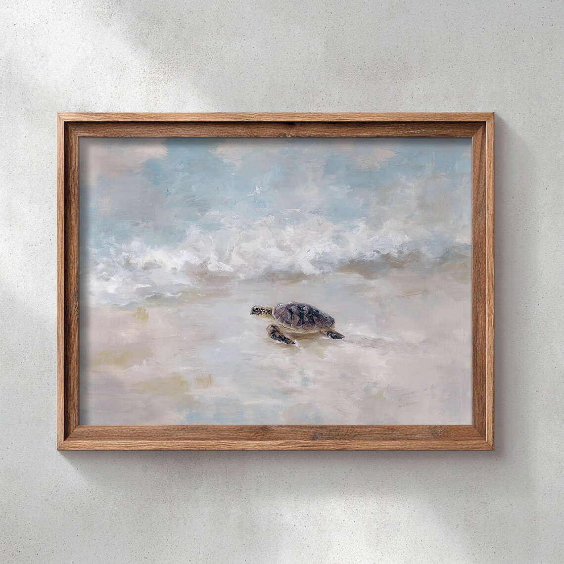 Baby Sea Turtle On Sandy Beach Soft Waves Gentle Coastal Painting Poster