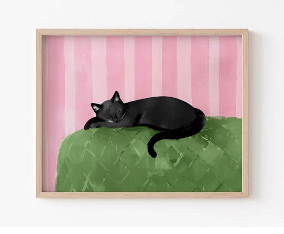 Pink Green Sleepy Cat Black Wall Art Girly Bedroom Dorm Decor Preppy Pastel Painting Cute Summer