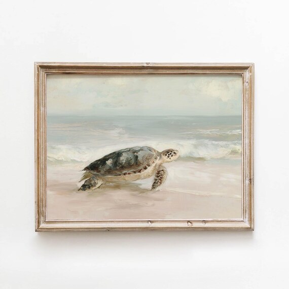 Sea Turtle Sandy Beach Vintage Nautical Ocean Wildlife Art Poster