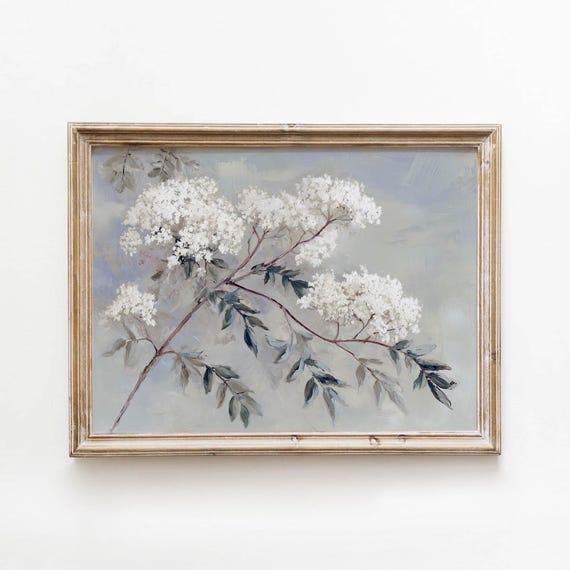 Vintage White Flowering Branch Printable Dusty Blue Gray Wall Art Cottagecore Botanical Decor Digital Download 583