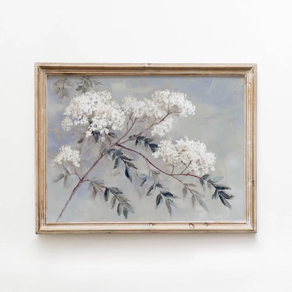 White Flowering Branch Vintage Botanical Dusty Blue Gray Art Poster