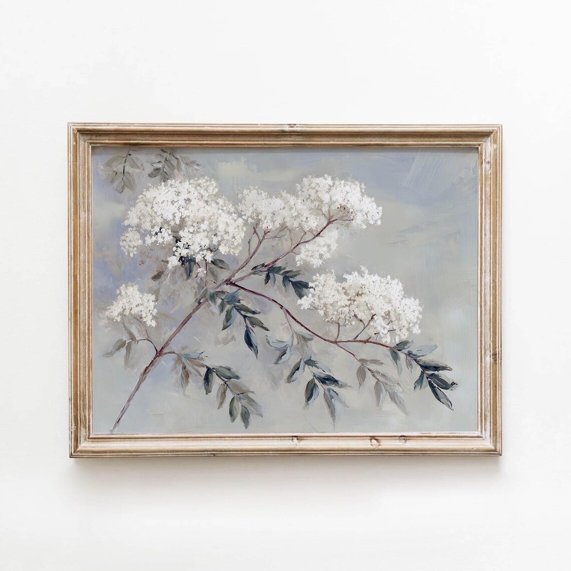 White Flowering Branch Vintage Botanical Dusty Blue Gray Art Poster