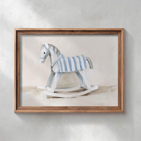 Printed Vintage Rocking Horse Wall Art Nursery Decor Blue Striped Toy Painting Soft Neutral Farmhouse Print Classic Child Room 0729