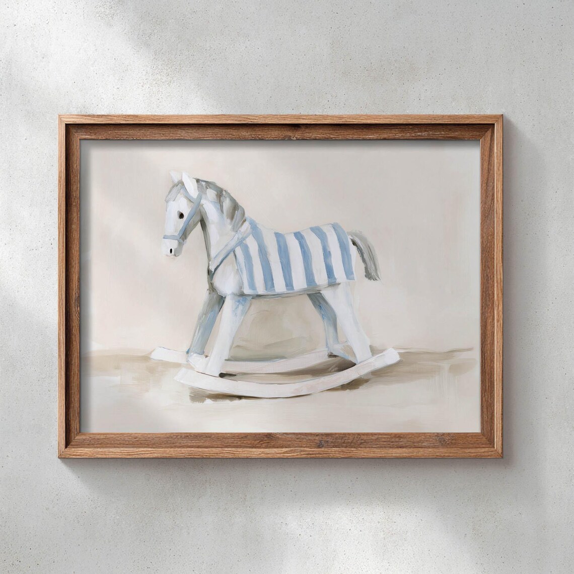 Vintage Rocking Horse Blue Stripes Classic Nursery Toy Painting Poster