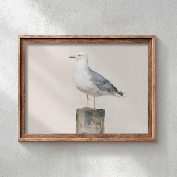 Printed Seagull On Dock Post Coastal Wall Art Rustic Beach Decor Neutral Farmhouse Painting Muted Seascape Print 0722