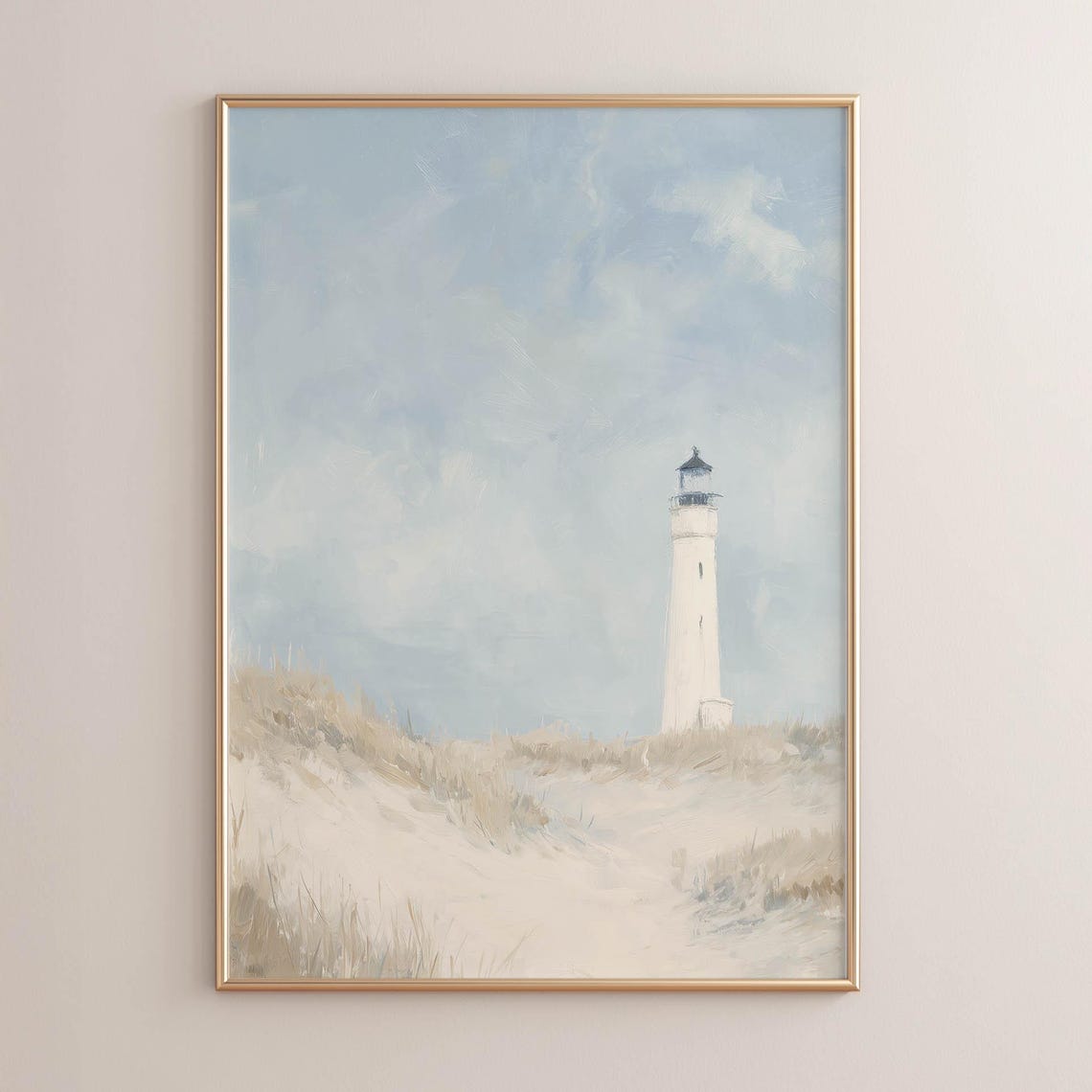 White Lighthouse On Sand Dunes Soft Blue Coastal Beach Poster