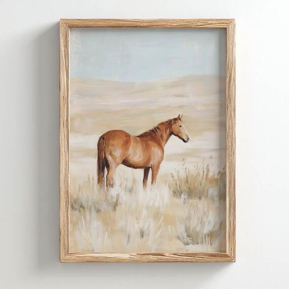 Chestnut Horse Standing In Desert Prairie Muted Sage Sandy Beige Rustic Western Wall Art Poster Print Vintage Landscape Painting 0568