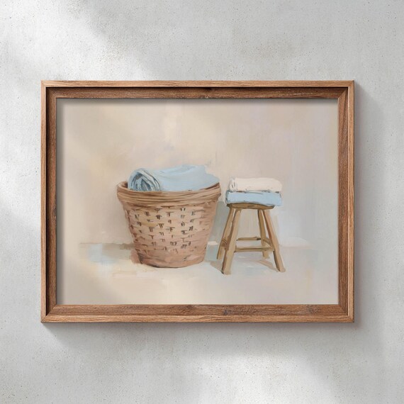Rustic Farmhouse Poster Print In Beige And Cream Cozy Cottagecore Decor Soft Blue Wicker Basket With Linens Neutral Wall Art 1p60