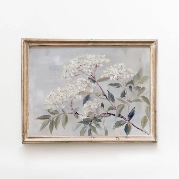 Vintage White Flowering Branches Printable Sage Green Cottage Wall Art Spring Botanical Decor Digital Download 576