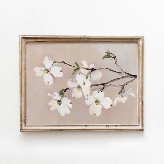 Vintage White Dogwood Blossom Printable Dusty Rose Cottage Wall Art Spring Botanical Decor Digital Download 593