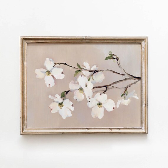 White Dogwood Blossoms Vintage Floral Branch on Blush Pink Poster