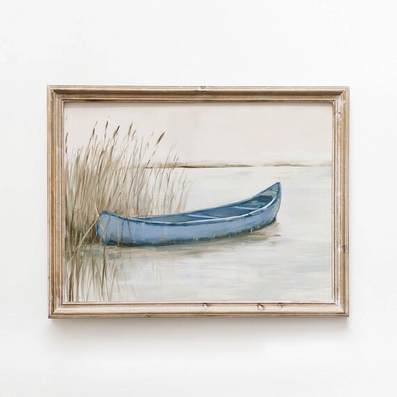 Muted Blue Canoe On Still Water Printable Calm Lake Landscape Wall Art Rustic Cottage Decor Neutral Nature Painting Digital Download 712