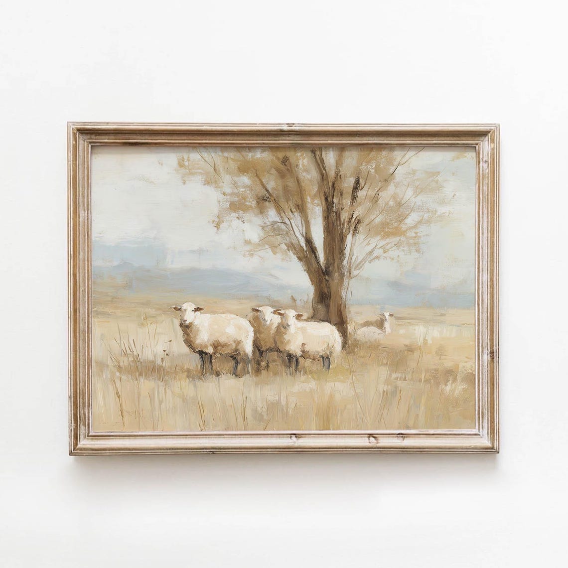 Sheep Grazing Golden Meadow Rustic Tree Vintage Landscape Poster