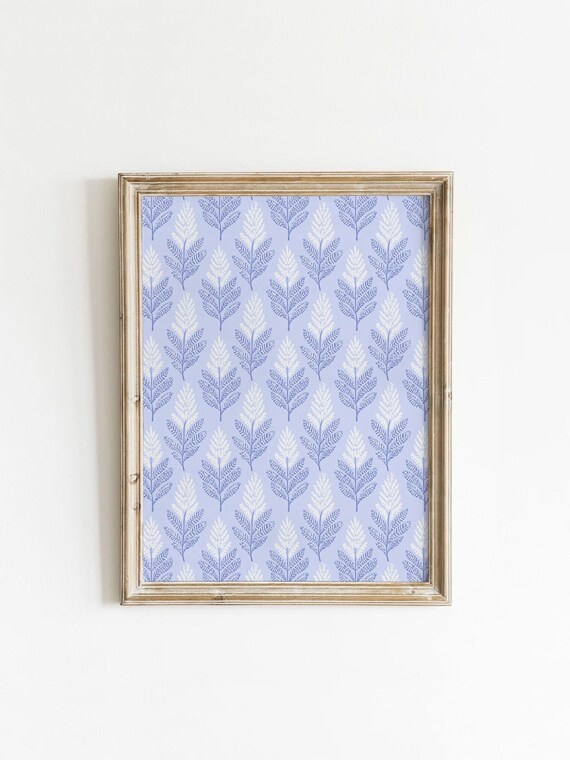 Soft Blue White Fern Leaf Pattern, Minimalist Art Print