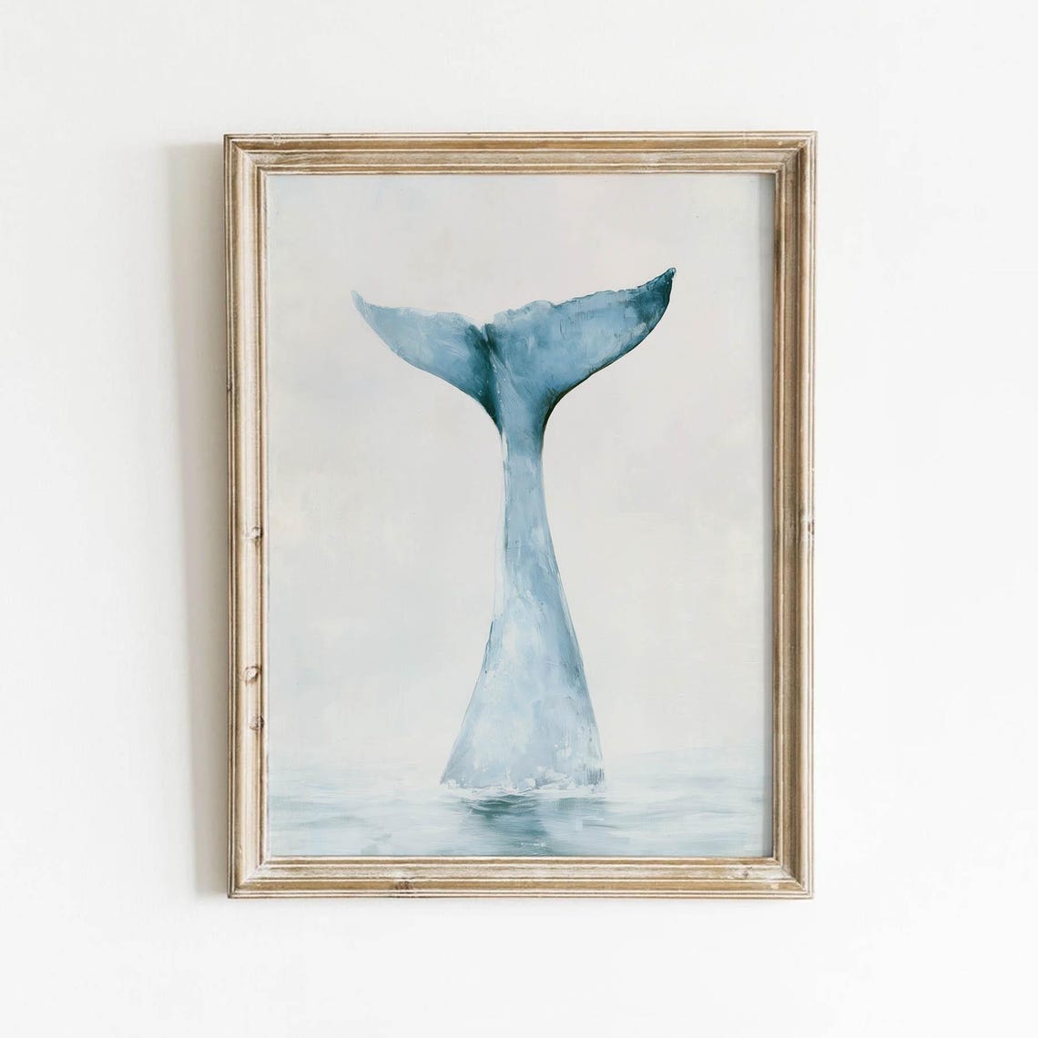Whale Tail Rising Above Ocean Soft Blue Watercolor Coastal Wall Art
