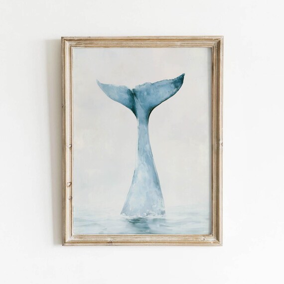 Whale Tail Rising Above Ocean Muted Bluegray Printable Neutral Coastal Wall Art Beach House Decor Painting Digital Download 666