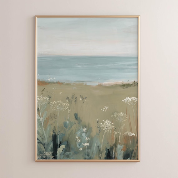 Neutral Coastal Seascape Wildflower Meadow Calm Ocean Painting Poster