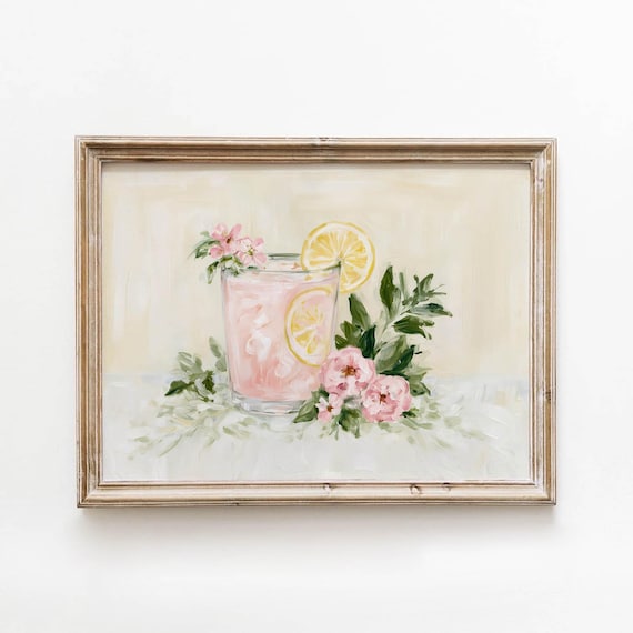 Pink Lemonade Cocktail Lemon Slice Floral Vintage Feminine Kitchen Wall Art