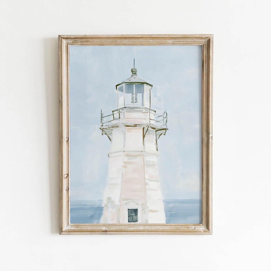 White Lighthouse Coastal Painting, Serene Beach House