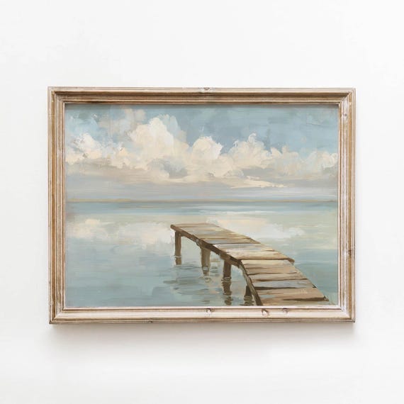 Muted Blue Dock Landscape Printable Vintage Pier Wall Art Calm Lake Scene Decor Neutral Coastal Painting Taupe Download 430