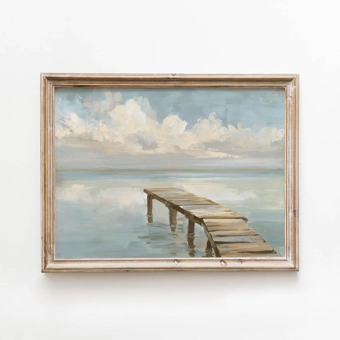 Wooden Dock Calm Water Blue Sky Cloudy Vintage Lake Landscape Poster