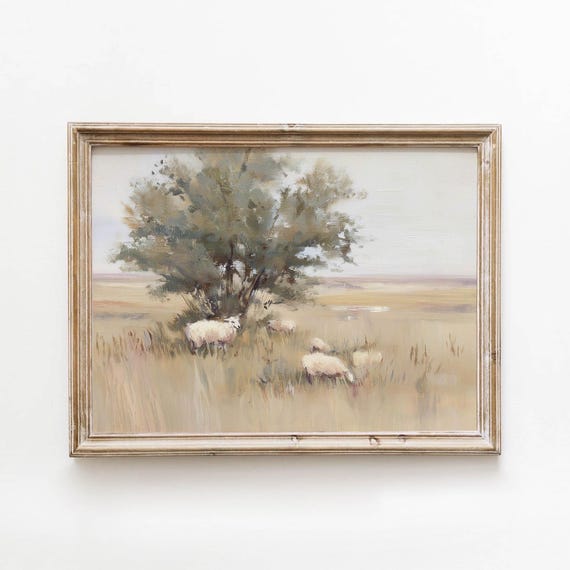 Vintage White Sheep Meadow Printable Rustic Golden Grassland Wall Art Farmhouse Neutral Decor Digital Download 536