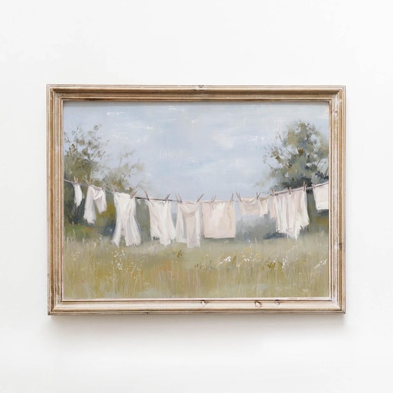 Vintage White Laundry Line Printable Rustic Meadow Wall Art Cottagecore Summer Decor Digital Download 605