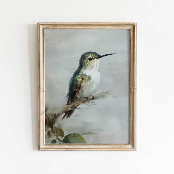 Neutral Hummingbird Printable Soft Wall Art Vintage Bird Decor Botanical Cottagecore Grayblue Download 0396