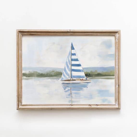 Sailboat Blue White Striped Sails Printable Muted Coastal Wall Art Vintage Spring Summer Landscape Decor Dreamy Feminine Download 648