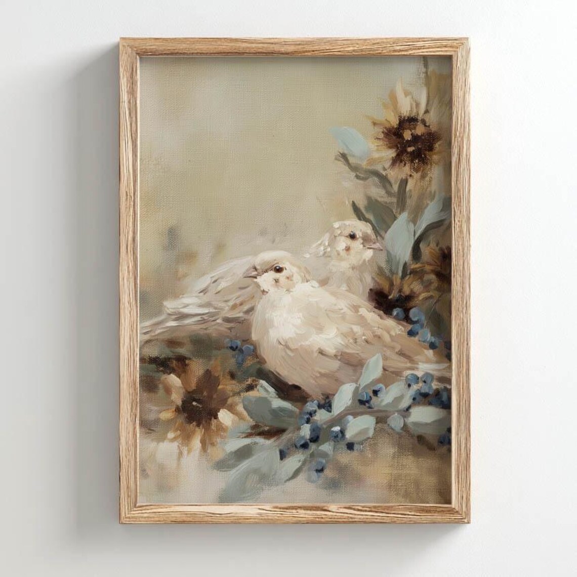 Two White Doves Sunflowers Vintage Floral Bird Painting Rustic Poster