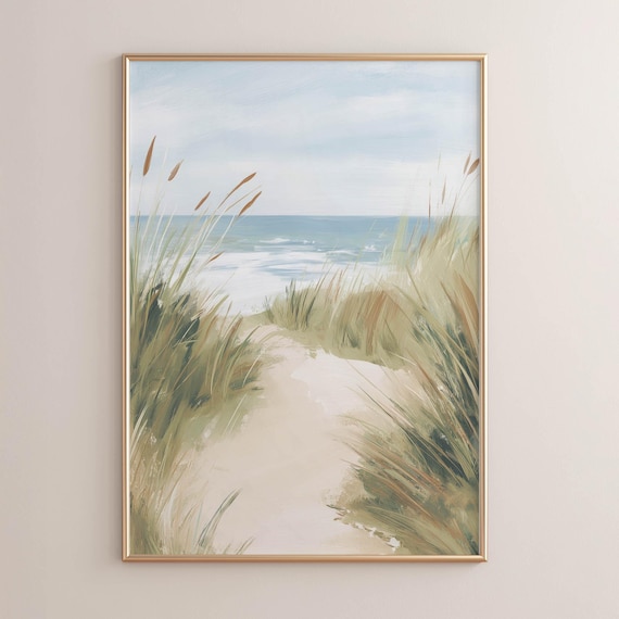 Printed Coastal Landscape Art Sandy Beach Path Through Dunes Serene Ocean Horizon Muted Neutral Farmhouse Wall Decor 0721