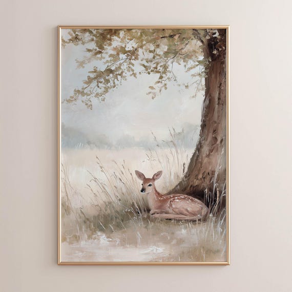 Printed Fawn Resting In Meadow Grass Beige Taupe Blue Rustic Vintage Nature Nursery Wall Art Oil Painting Neutral Cottage Decor 0616