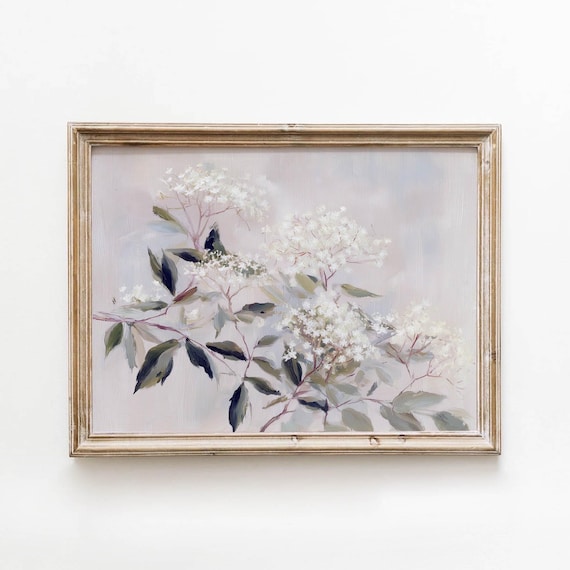 Vintage White Flowering Branches Slate Blue Soft Floral Poster