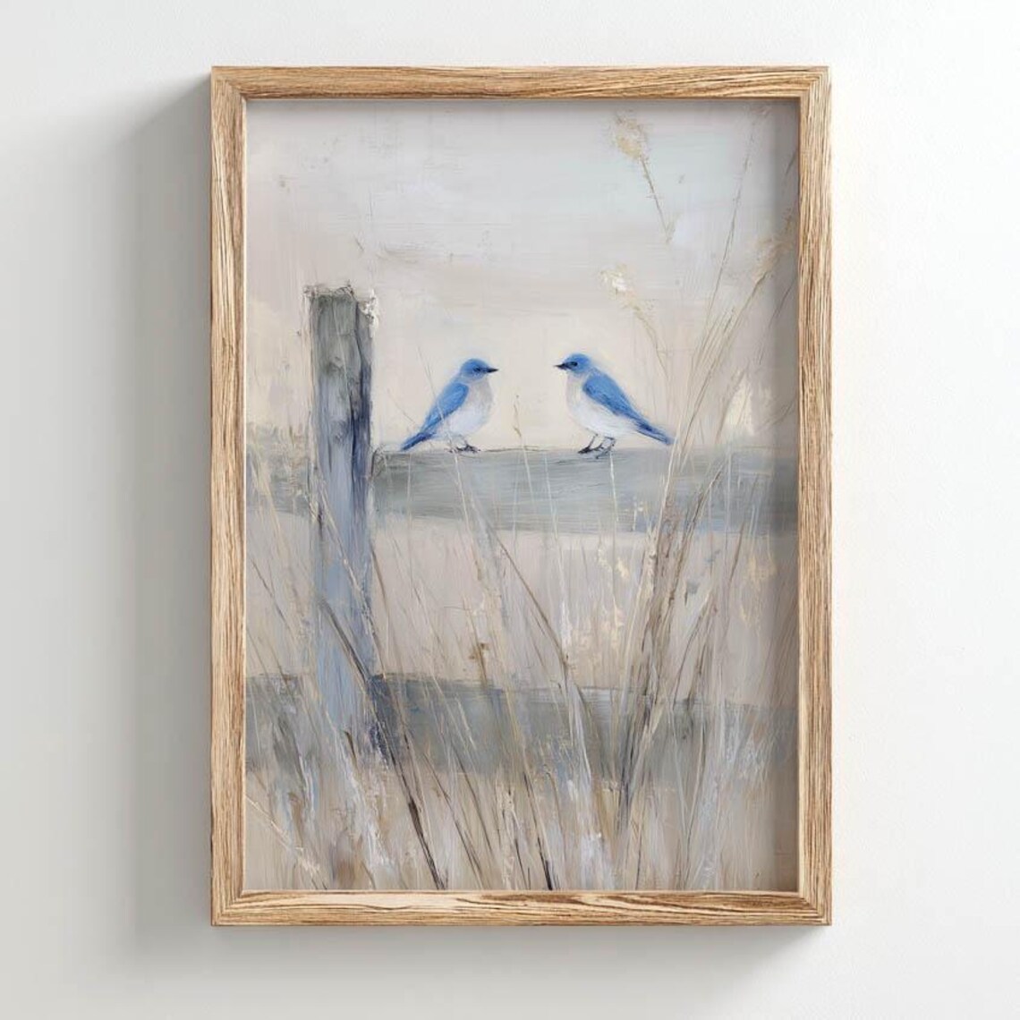 Blue Birds On Rustic Fence Rail, Vintage Landscape Poster